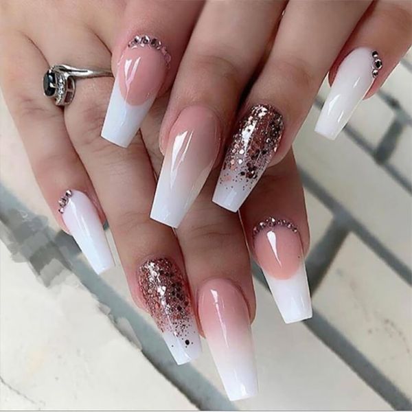 Brishow Coffin False Nails Natural Fake Nails French Press on Nails Ballerina Acrylic Stick on Nails 24pcs for Women and Girls