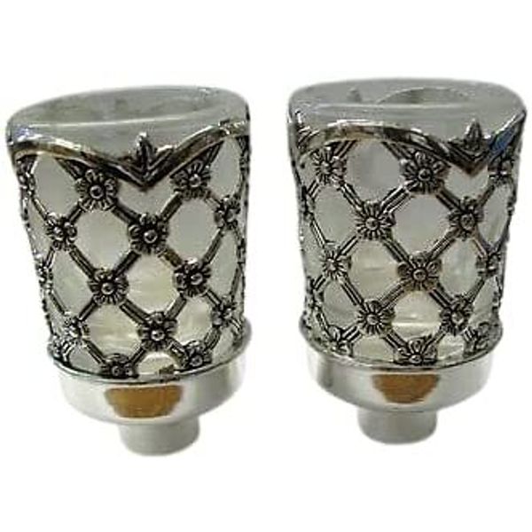 (D) Judaica Candle Stick Silver Plated Tiny Flower Mesh Home Decor