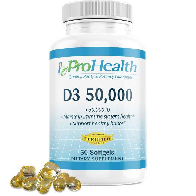 ProHealth Vitamin D3 50,000 (50,000 IU, 50 softgels) Helps Boost and Support Healthy Bones and The Immune System | Gluten Free