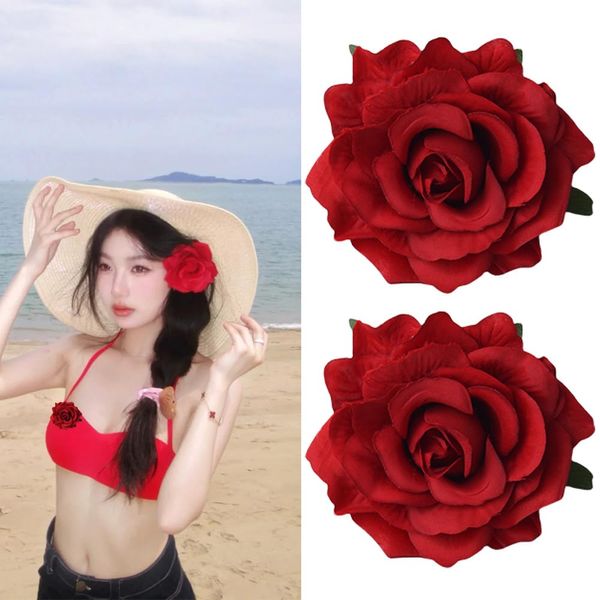 Red Flower Hair Clips for Women Girls Flamenco Dancer Flower Pins Flower Brooches for Women Rose Hair Clip Red Hair Flowers for Women Flower Pin Flowers for Hair Accessories for Bride Wedding 2Pcs