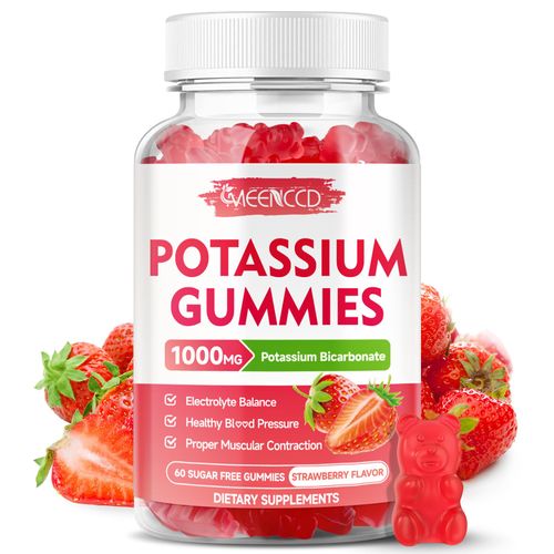 Potassium Gummies 1000mg, Potassium Bicarbonate Supplement for Adults & Kids, Potassium Supplement for Electrolyte Balance & Muscle Heath, Sugar-Free, Strawberry Flavor, 60 Count