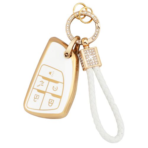 PIFOOG Key Fob Cover for Chevrolet Chevy Buick 5 Button Car Smart Keys Shell Case Glitter Key Chain Full Covers for GMC Sierra Silverado 1500 Envision Girl Women White Gold TPU