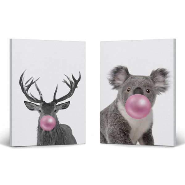 Smile Art Design Reindeer and Koala Animal Bubble Gum Art 2 Panel Canvas Print Set Pink Gum Black and White Wall Art Baby Room Boy Girl Kids Room - Nursery Decor Ready to Hang Made in USA- 17x11