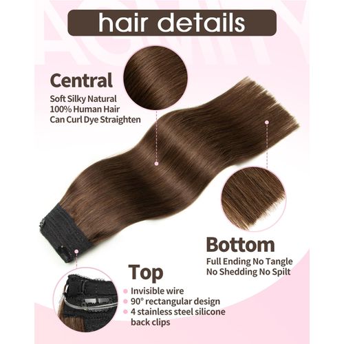 AGMITY Human Hair Wire Hair Extensions Darkest Brown 70g invisible Removable Thick Straight Fishing Line Layered Natural Hairpiece Human Hair Extensions(14 Inch #2 Darkest Brown）