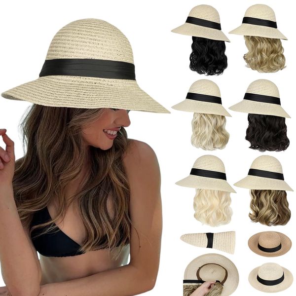 Cephermer Sun Hat, Straw Hat Wig Detachable Adjustable Hat with 12 Inch Synthetic Wavy Hair Extensions Foldable for Women Summer Beach Outdoors Light Brown Mix Ash Blonde