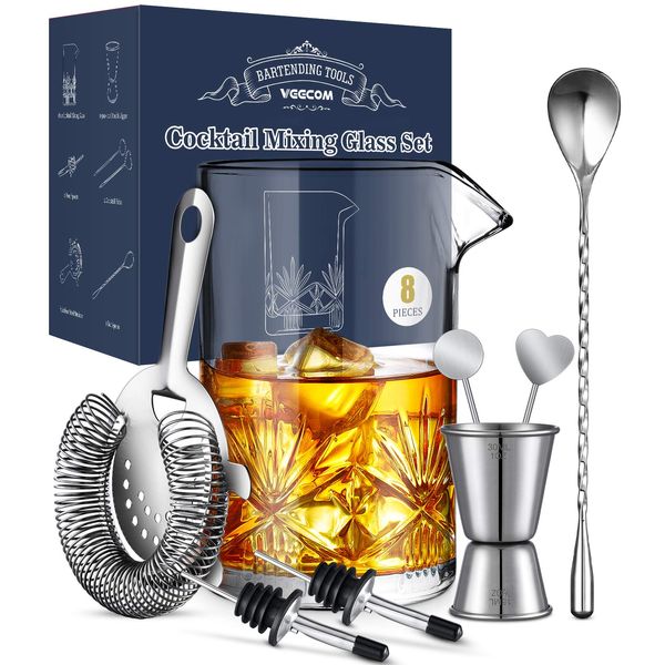 Cocktail Mixing Glass, veecom 8 Piece Old Fashioned Cocktail Kit, 550ml Mixing Glass Mixer Cocktail Set for Martini, Mojito, Cocktail Shaker Set with Strainer, Jigger (8 Pieces)