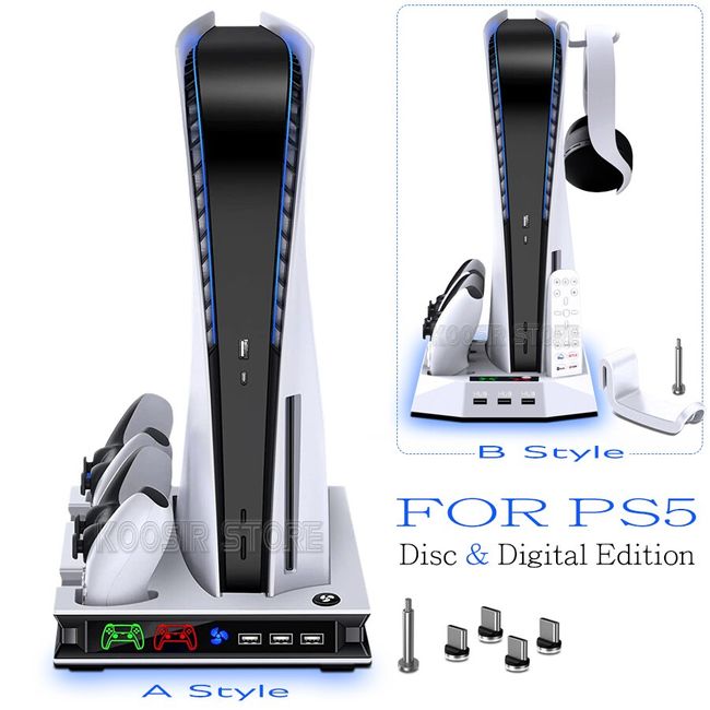  PS5 Stand Cooling Station with 13 Game Storage,Dual Fast PS5  Controller Charging Station with Cooling Fan, PS5 Cooling System PS5  Accessories Vertical Stand for Sony Playstation 5 Digital/Disc Edition :  Video