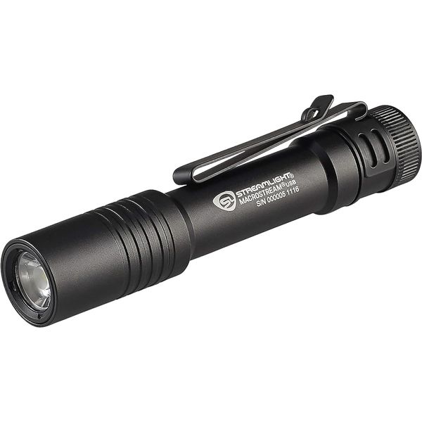 Streamlight 66320 MacroStream USB 500-Lumen Rechargeable Compact Flashlight with Wrist Lanyard, Hat Clip and USB Cord, Black