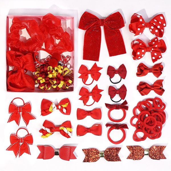 50Pcs Bow Hair Accessories Set for School Girls, Bows for Hair Elastic Headband Hair Clips Ponytail Holder Kit Bow Hair Barrettes Toddler Bow Hairpin Set for Kids Christmas, Birthday Gifts (Red)