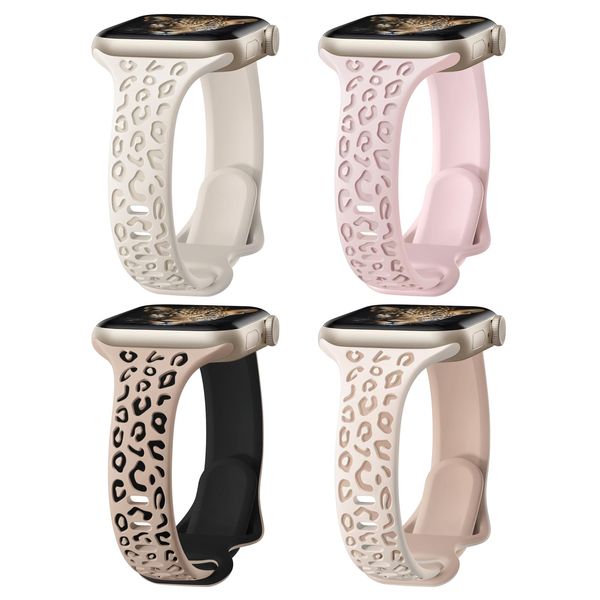 4 Pack Slim Leopard Engraved Bands Compatible for Apple Watch Bands 41mm 40mm 38mm 45mm 44mm 42mm 49mm Women, Thin Soft Silicone Cheetah Sport Strap for iWatch Bands Series 10 9 8 7 6 5 4 3 2 Ultra SE