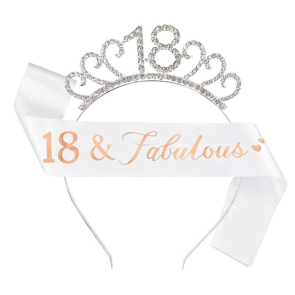 Suithink 18th Birthday Tiara and Sash, 18 Fabulous Glitter Satin Sash and Crystal Tiara Birthday Crown for Women 18th Birthday Party Decorations