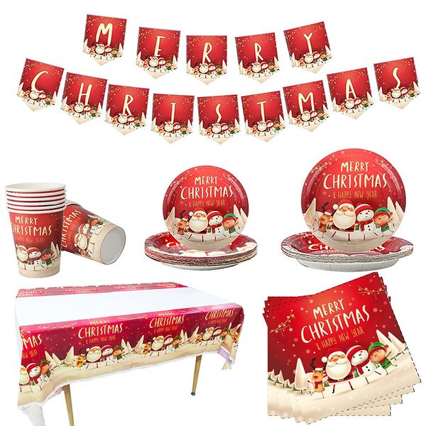 Christmas Tableware Set,16 Guests Christmas Decoration Paper Dinnerware Set with Xmas Banner Tablecloth Napkin Christmas Paper Plates and Cups for Christmas Party Supplies Tableware Decorations