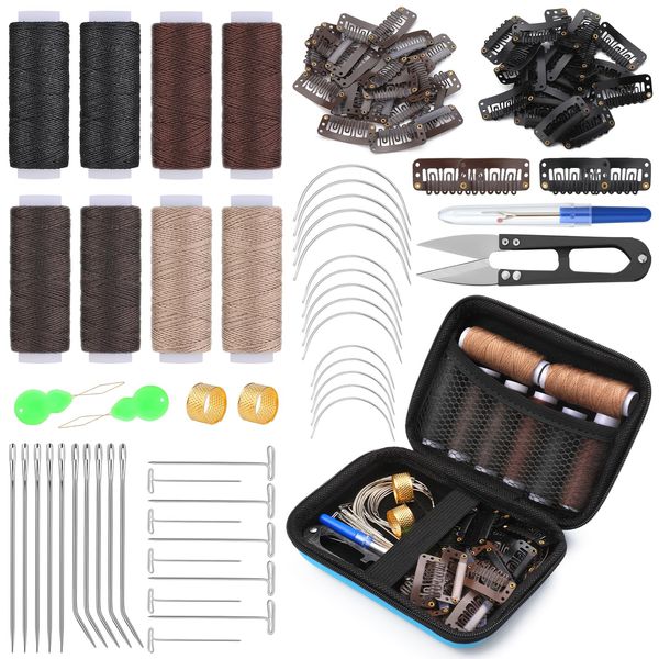 Ftyiwu 100PCS Hair Extension Clip Wig Making Set, 8 Rolls Hair Weave Sewing Thread with 50PCS Metal Snap Clips, I/J/T/C Needles and Storage Bag for DIY Wig Making Hand Sewing