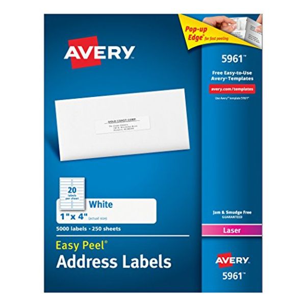 Avery Easy Peel Address Labels for Laser Printers 1" x 4", Box of 2,000 (5161)