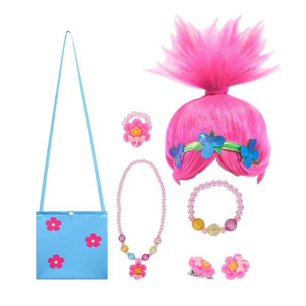 LOOPES Trolls Poppy Costume Wig Set,Girl Pink Wigs with Necklaces Jewellery Accessories Flower Blue Cloth Bag Trolls Band Together Hair Pops Dress Up Gifts for Girls Kids Birthday Cosplay Halloween