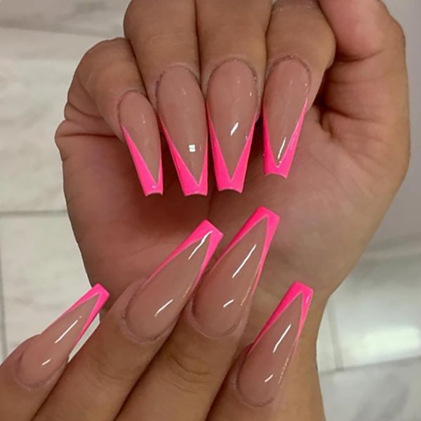 Brishow Coffin False Nails Pink Long Fake Nails French Press on Nails Ballerina Acrylic Full Cover Stick on Nails 24pcs for Women and Girls (Dark-Pink)