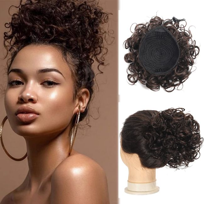 1PC Curly Messy Hair Bun Hair Piece for women, Drawstring Loose Wave Curly Bun, Updos Short Elastic Bun Clip on Synthetic Curly Ponytail Extensions Hair Bun for Women Daily Use