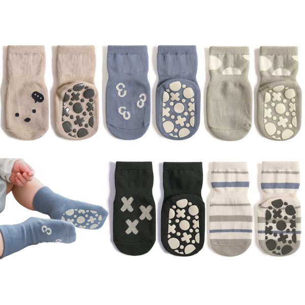 Exemaba Baby Socks with Grips for Girls Boys Cute Animal Cartoon Toddler Kids Anti-Slip Socks(C 5 Colors,S/6-12 Months)