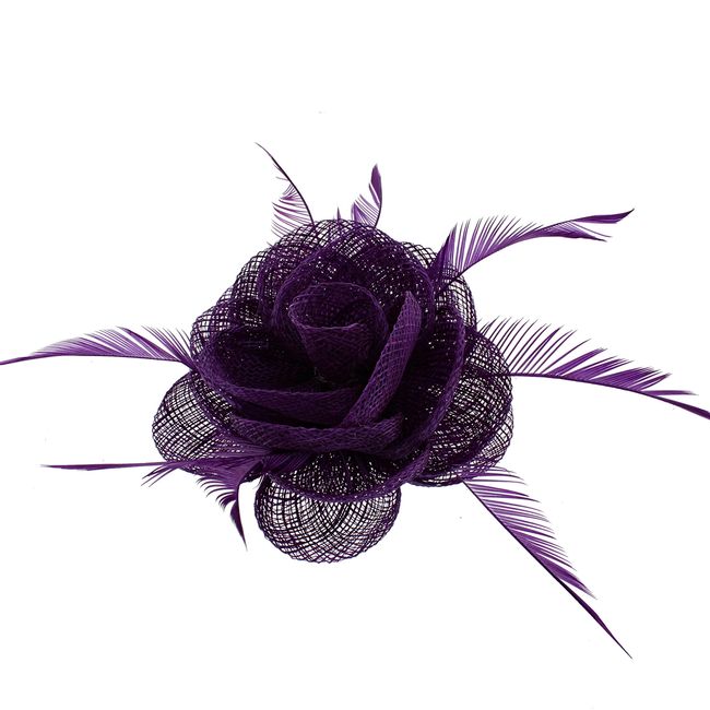 Zac's Alter Ego Purple Rose Net Fascinator with Feathers on Clip & Brooch Pin