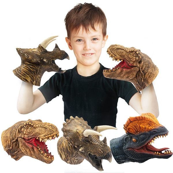 CreepyParty Dinosaur Hand Puppets Dino Toys Latex Raptor Realistic Puppet Soft Animal Head Rubber Toy Set T rex Puppet Tyrannosaurus Dilophosaurus Triceratops Pack of 3