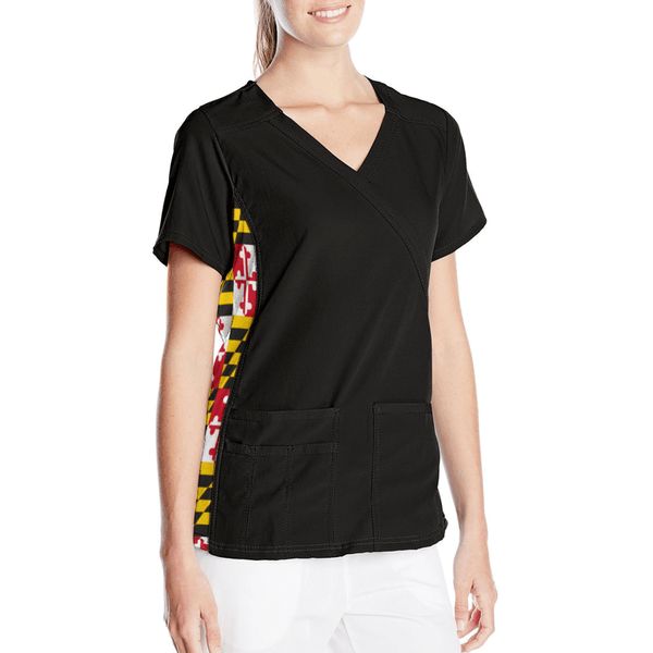 Maryland Flag Side (Black) / Medical Scrub Top - Large / Black