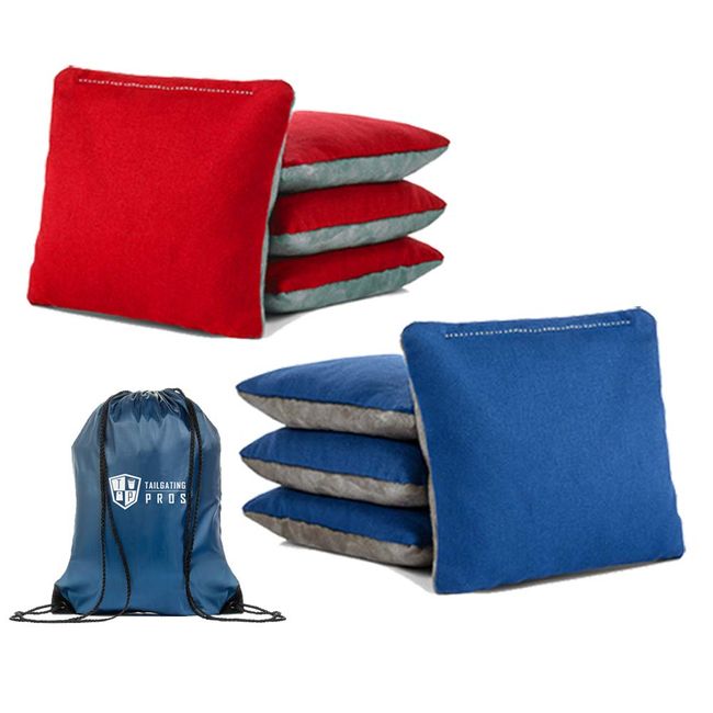 Tailgating Pros Pro-Style Two-Sided Cornhole Bags Red Royal Blue w/Grey Suede & Bag Tote - Slick & Stick - All Weather - Set of 8