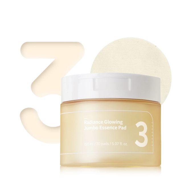 numbuzin No.3 Radiance Glowing Jumbo Essence Pad | Vegan Pad, Unbleached, Biodegradable, Niacinamide, Clear Glass Skin | Korean Skin Care for Face, 70 pads, 5.07 fl.oz