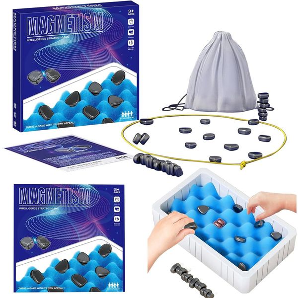 Magnetic Chess Game Set with Rocks,Fun Table Top Multiplayer Magnetic Chess Game with Stones,Magnet Game with Sponge Groove/Rope,Magnet Chess Game,Cluster Game for Kids Adult Board Games