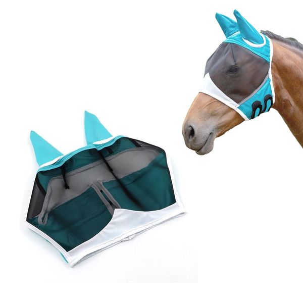 Andiker Soft Mesh Horse Fly Mask with Ears, Breathable Horse Face Mask Protect Eyes and Face (Small, Green)