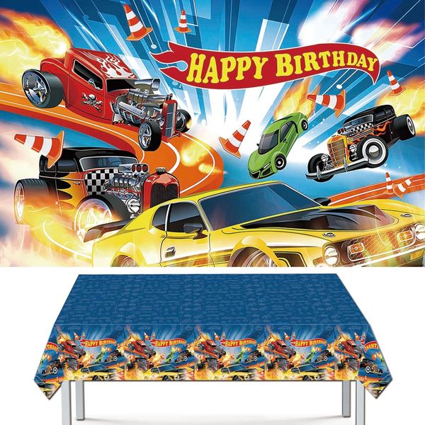 Hot Race Car Party Decorations | Game Birthday Supplies Set with Plastic Table Cover (42.5 x 70.8 inches) & Photography Backdrop (59 x 39 inches) for Kids’ Truck Parties