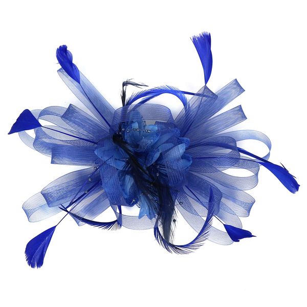 SJTJSPX Fascinator Women Ascot Hats Wedding Bridal Headpiece Ribbons Feathers Headband Cocktail Tea Party Headdress Banquet Prom Hair Clip Hat Fancy Dress Pillbox Hat for Ladies and Girls Royal Blue