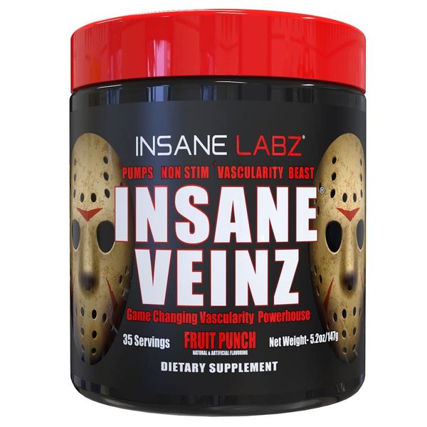 Insane Labz Insane Veinz Non Stimulant NO Enhancing Powder, Nitric Oxide Booster, Loaded with Agmatine Sulfate and Betaine Anhydrous, Increase Vascularity, 35 Srvgs, Fruit Punch