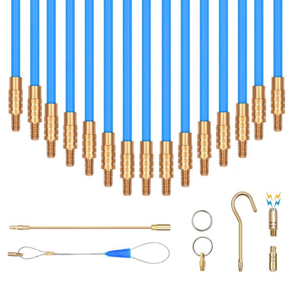 50' Fiberglass Fish Tape Running Wire Cable Rods Coaxial Electrical Connectable Fish Tape Pull Push Kit With Hook And Hole Kit In Transparent Tube, Blue