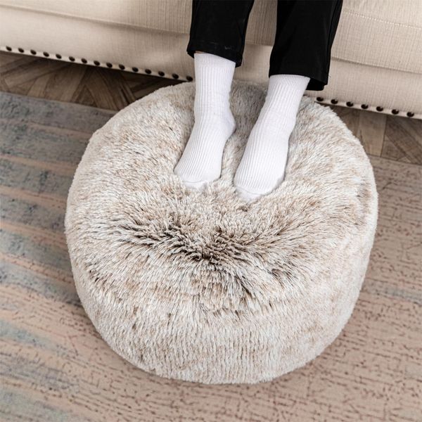 AbunHeri Stuffed Pouf Ottoman with PP Cotton, Faux Fur Poufs, Pouf Stool Ottoman Round Foot Stool Cushion Storage Ottoman, 20 * 12''Floor Poufs Foot Rest for Living Room (Snow Coffee with Filling)