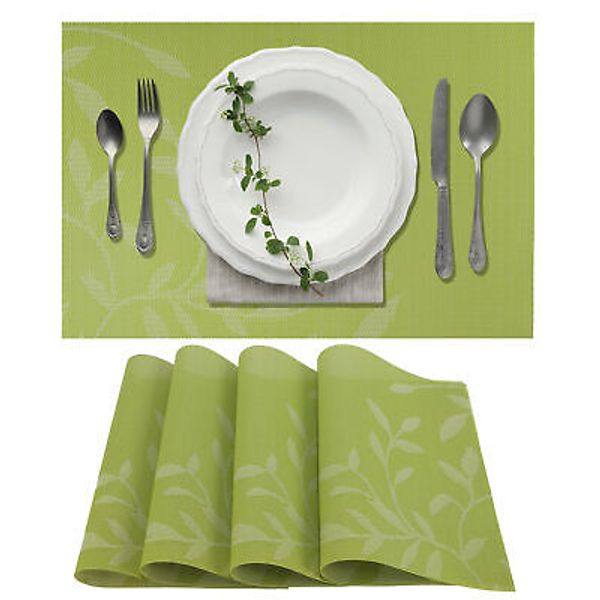 4 Pcs Leaves Pattern Placemats PVC PET Place Mats for Kitchen Table Green