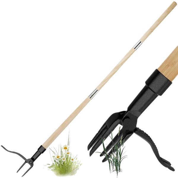 Weed Puller Tool, Stand Up Weeding Tool, Detachable Long Handle Weed Puller Root Remover Tool with 4 Claws, Manual Weeder Tool Hand Weed Root Pulling Tool, Picker, Grabber for Garden (Wood Handle)