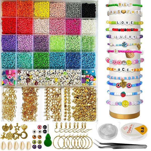 XYUXWLG 7500 PCS Glass Seed Beads for Bracelet Making Kit, 24 Colors Friendship Bracelet Making Kit 3mm Small Beads for Jewelry Earrings Making with Pendant Charms Kit for Girls Adults