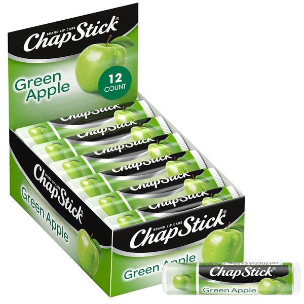 ChapStick Lip Moisturizer, Green Apple, 12-Pack – Bulk Lip Balm, Sweet & Tangy, 0.15 Oz Ea