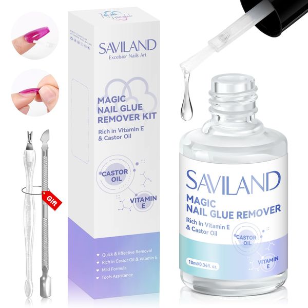 SAVILAND Nail Glue Remover for False Nails, Castor Oil & Vitamin E False Nail Remover for Press On Nails Fake Nails Acrylic Nail Tips with Cuticle Pusher Nail Fork False Nails Accessories for Nail Art