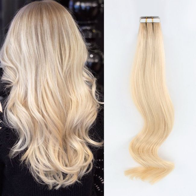 ABH AMAZINGBEAUTY HAIR Rooted Blonde Tape in Hair Extensions Human Hair, 20 Pieces 50 Grams, Platinum Blonde with Dirty Blonde Roots, 16 Inch