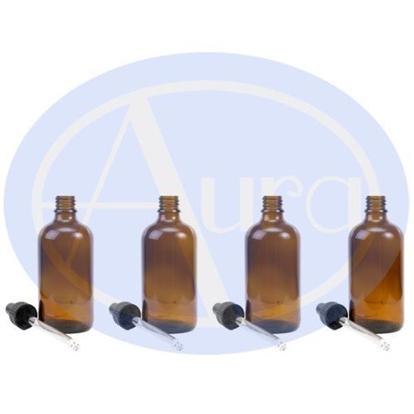 PACK of 4 - 100ml AMBER GLASS Bottles with GLASS Pipettes. Essential Oil / Aromatherapy Use