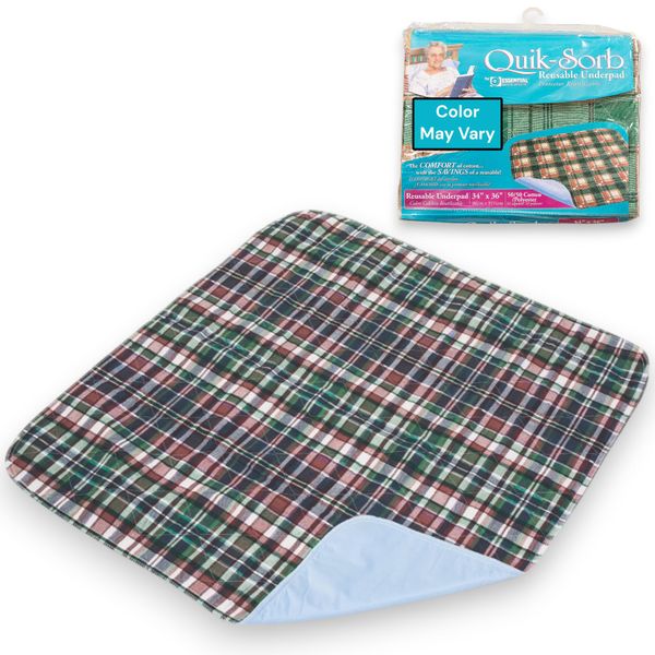 Essential Medical Supply Quik-Sorb 34" x 36" Plaid Quilted Reusable Underpad in 3 Pack - Waterproof Incontinence Bed Pads for Adults, Washable and Reusable Bed Pads for The Couch, Car and Bed