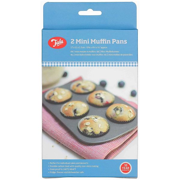 Tala 2 Mini Muffin Tin Non-stick Baking Tray - Even Heat Muffin Trays for Mini Cupcakes, Snacks & Appetisers - Carbon Steel, Wide Flat Handles, Dishwasher & Freezer Safe, Grey, 20cm x 14cm