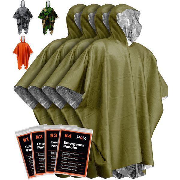 PREPARED4X Emergency Rain Poncho with Mylar Blanket Liner for Car - Heavy Duty, Waterproof Camping Gear, Survival Tactical Prepper Supplies– 4 Pack (Green)