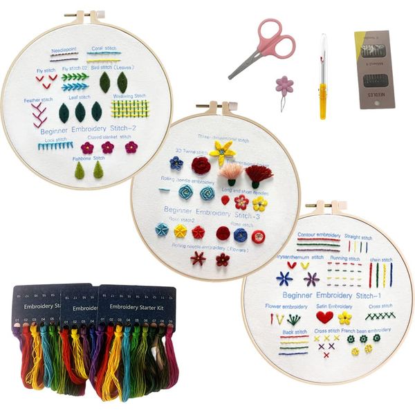 Samcos Embroidery Beginner Kit, 3-piece Set, Japanese Instruction Manual Included, Basic Pattern Practice, Cross Stitch Kit, DIY Embroidery Tool, Embroidery, Handmade, Gift, Craft Kit