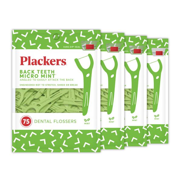 Plackers Back Teeth Micro Mint Dental Flossers, Delicious Mint Flavor, Provides Easy Access for Back Teeth, Built-in Protected Pick, Easy Storage, 75 Count, Pack of 4