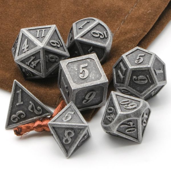 Metal Dice Set, HNCCESG Polyhedral D&D Dice for Dungeons and Dragons RPG DND Dice for Role Playing MTG Tabletop Gaming Shadowrun Pathfinder 7PCS D20 D12 D10 D8 D6 D4（Ancient Silver）