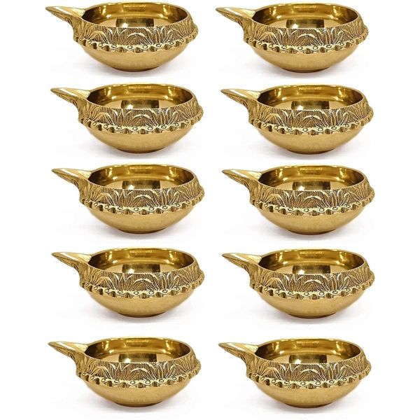 SATVIK 10 pc Indian Pooja Kuber Diya for Diwali Decoration. Handmade Oil Lamp with Golden Engraved Made of Brass Metal. Vilakku for Puja Pooja. Traditional Indian Deepawali Housewarming Gift Items