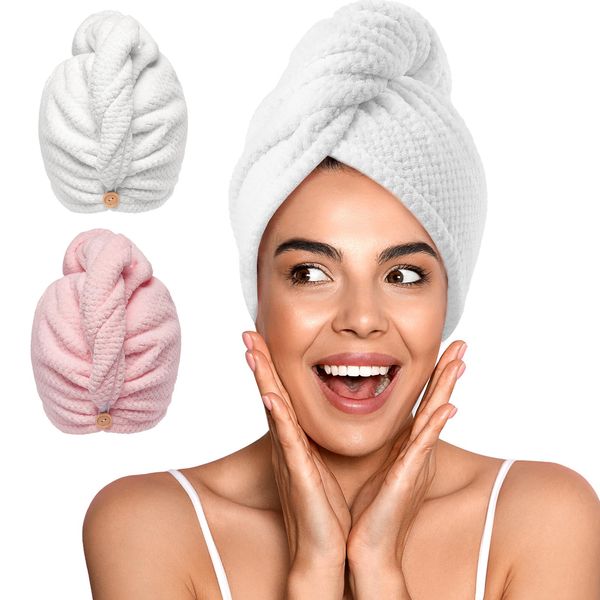 YFONG 2 Pack Microfiber Hair Towel Wrap for Women, Super Absorbent Quick Dry Hair Turban for All Hair Style Anti Frizz, Large Hair Drying Towel with Button