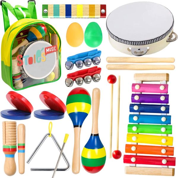 STOIE'S 19 pcs Kids Musical Instruments Set Toddler Musical Instruments for Kids Music Toys Wooden Baby Instruments for Kids Ages 3-5 Montessori Toys